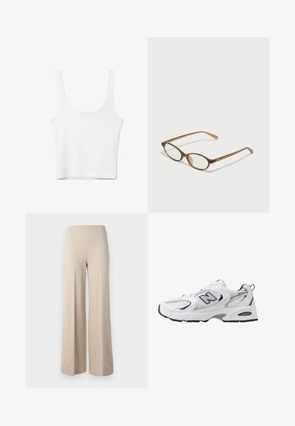 Débardeur en coton blanc avec un décolleté arrondi, sans manches et ajusté. Texture lisse, design uni et détails de couture minimaux.; DRYKORN BEFORE - Pantalon classique - brown; B baskets blanches avec une tige en mesh, des accents bleu marine et une semelle rembourrée. Présente le logo "N", des lacets et un détail texturé sur le côté.; Lunettes en écaille de tortue marron avec des verres ovales, des branches fines et des accents transparents. Présente un logo subtil sur la branche. Design élégant et léger.; Sac à main en cuir noir avec des poignées tressées, une poche zippée et des glands suspendus. Surface texturée avec des clous en métal et des accents en métal.; Boucles d'oreilles en métal argenté avec une forme larmoyante lisse et une finition polie. Des gravures subtiles ajoutent des détails. Design minimaliste.