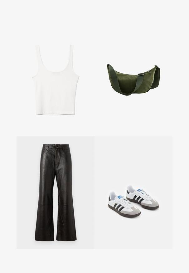 Bílý bavlněný top bez rukávů s kulatým výstřihem a přiléhavým střihem. Hladká textilie, jednoduchý design a minimální švy.; Černé kožené kalhoty s širokým střihem, plochým předním dílem a zavazovacími na pase. Mají detailní prošití a minimalistický styl.; Sportovní boty s bílým koženým svrškem, šedou semišovou špičkou a třemi černými pruhy. Obsahují modré logo na jazyku a texturovanou gumovou podrážku.; Next SLING - Taška s příčným popruhem - khaki green