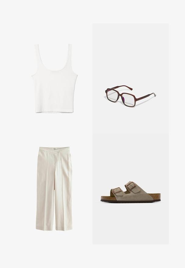 Weißes Baumwoll-Top mit Rundhalsausschnitt, ohne Ärmel und figurbetontem Schnitt. Glatte Textur, schlichtes Design und minimale Nähdetails.; Next ASYMETRIC WAITBAND TAILORED WIDE LEG - Stoffhose - neutral; Wildledersandale in Hellgrau mit zwei verstellbaren Schnallen, einer Kork-Zwischensohle und einer strukturierten Gummiaußensohle.; Braune, rechteckige Brille mit transparenten Gläsern und lila Tönungen. Glatter Kunststoffrahmen mit geraden Bügeln und dezenten Akzenten.; Braune Stoffschultertasche mit einem breiten, runden Körper und einem großen Ausschnittgriff. Sanfte Textur, minimalistisches Design und keine sichtbaren Beschläge.