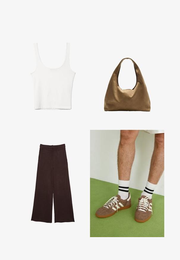 Top in cotone bianco senza maniche, con scollatura ampia e linea aderente. Tessuto liscio, design semplice e dettagli di cucitura minimi.; Pantaloni larghi marroni realizzati in tessuto morbido, con vita elastica e cordino di regolazione, e una superficie texturizzata per un tocco di dettaglio in più.; Sneaker in suede marrone con dettagli e lacci bianchi. Suola in gomma color gomma. Indossati con calzini bianchi con righe nere. Pavimento verde texturizzato.; Borsa a spalla in tessuto marrone con un corpo ampio e arrotondato e una grande maniglia a taglio. Texture morbida, design minimalista e senza hardware visibile.
