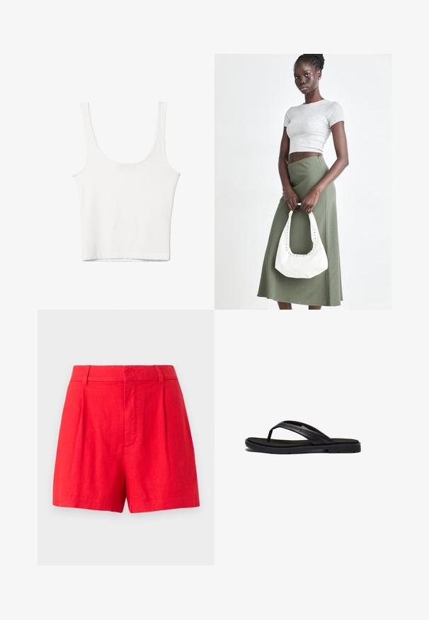 Biały bawełniany top na ramiączkach z okrągłym dekoltem, bez rękawów, o dopasowanym kroju. Gładka tekstura, prosty fason i minimalne detale szwowe.; Czerwone lniane szorty o dopasowanym kroju, z pliskami, gładką teksturą i średnio wysokim stanem.; Czarne klapki z miękką gumową podeszwą i eleganckimi syntetycznymi paskami. Projekt cechuje minimalna ilość elementów metalowych oraz niskoprofilowa konstrukcja.; Szary prążkowany crop top i oliwkowa spódnica o wysokim stanie. Modelka trzyma białą torebkę na ramię z wycięciami. Prosty design, dopasowany krój.