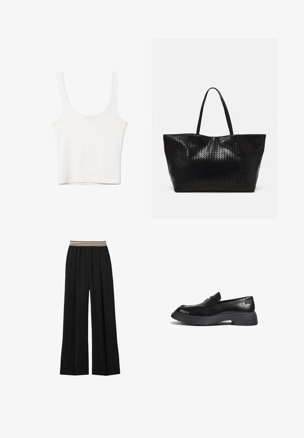 Witte katoenen tanktop met een ronde halslijn, zonder mouwen en een getailleerde vorm. Soepele textuur, eenvoudig ontwerp en minimale stikdetails.; Zwarte wijde broek met een elastische tailleband, voorzien van drie horizontale strepen in bruin en crème. Gemaakt van lichtgewicht stof.; Zwarte leren instapschoen met een dikke rubberen zool, pennystrap en ronde neus, weergegeven in zijprofiel op een witte achtergrond.; Zwarte geweven schoudertas met twee stevige handvatten, met een glanzende textuur en een ruime open bovenkant.