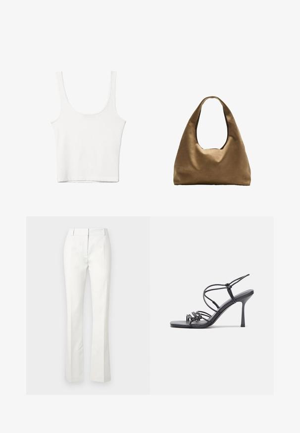Bílý bavlněný top bez rukávů s kulatým výstřihem a přiléhavým střihem. Hladká textilie, jednoduchý design a minimální švy.; Bílé kalhoty na míru s rozšířeným spodním lemem, se záhyby vpředu a hladkým povrchem, vyrobené z lehkého materiálu.; Černé high-heeled sandály mají tenké pásky s uzlovým designem, hladký čtvercový špičku a elegantní jehlový podpatek.; Hnědá textilní taška přes rameno s širokým, zaobleným tvarem a velkým výřezem na rukojeť. Měkká textura, minimalistický design a žádné viditelné kovové prvky.