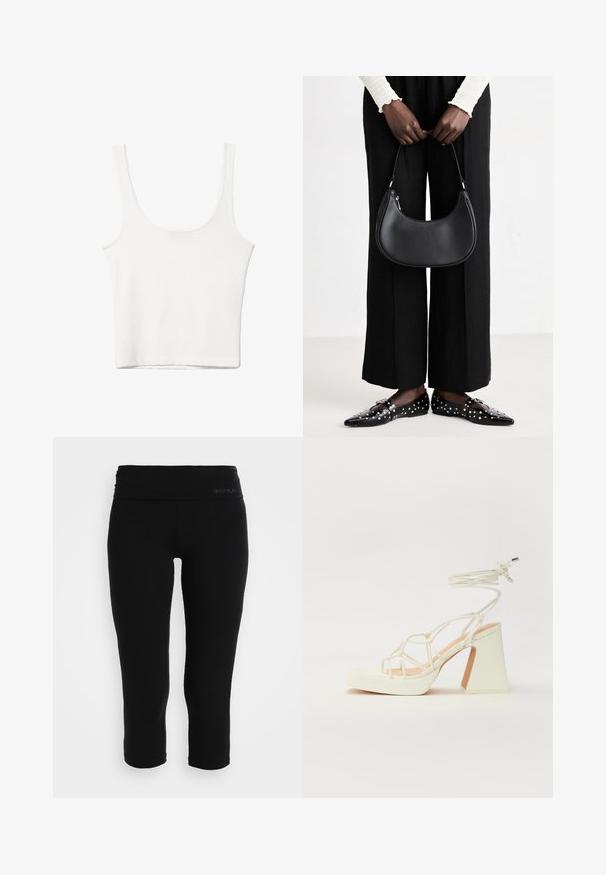 Top in cotone bianco senza maniche, con scollatura ampia e linea aderente. Tessuto liscio, design semplice e dettagli di cucitura minimi.; Leggings capri neri realizzati in tessuto elastico. Presentano una vita alta con un branding discreto. Tessuto liscio e design aderente.; Sandalo bianco con tacco alto, caratterizzato da un design a cinturini e un legaccio alla caviglia. Texture liscia con una piattaforma frontale per un'altezza aggiuntiva.; Borsa a spalla in pelle nera con forma arrotondata, finitura lucida e accessori in argento. Persona che indossa pantaloni ampi neri e mocassini con borchie.