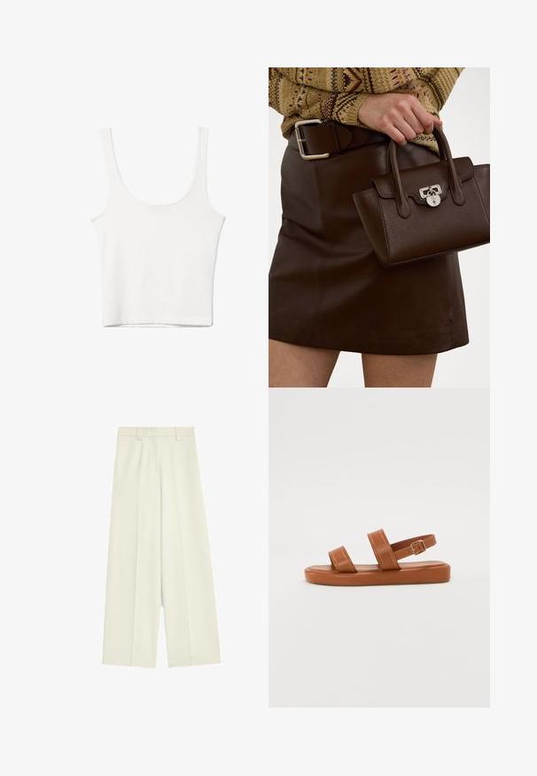 Weißes Baumwoll-Top mit Rundhalsausschnitt, ohne Ärmel und figurbetontem Schnitt. Glatte Textur, schlichtes Design und minimale Nähdetails.; Weite Hose aus cremefarbener Stoff, mit glatter Textur, vorderen Falten und geradem Schnitt von der Taille bis zum Saum.; Braune Leder-Sandalen mit zwei breiten Riemen und einem hinteren Riemen, ausgestattet mit einer flachen Sohle, die feine Nähte und einen Metallverschluss aufweist.; Braune Lederhandtasche mit strukturiertem Finish und silbernen Beschlägen, gehalten mit einer Hand neben einem braunen Lederrock und einem gemusterten Pullover.