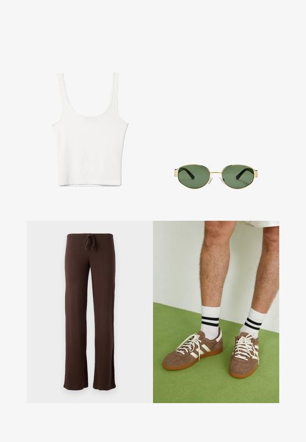 Débardeur en coton blanc avec un décolleté arrondi, sans manches et ajusté. Texture lisse, design uni et détails de couture minimaux.; Pantalons de jogging marron en tissu doux. Dotés d'une taille à cordon de serrage et de jambes évasées pour le confort. Pas de motifs ou de matériel visibles.; Baskets en daim marron avec des accents et des lacets blancs. Semelle en caoutchouc gomme. Portées avec des chaussettes blanches à rayures noires. Sol texturé vert.; Lunettes de soleil avec monture en métal doré et verres teintés verts, de forme ovale, avec branches noires et plaquettes de nez transparentes. Design épuré et minimaliste.; Sac à épaule en tissu marron avec un corps large et arrondi et une grande poignée découpée. Texture douce, design minimaliste et aucun matériel visible.