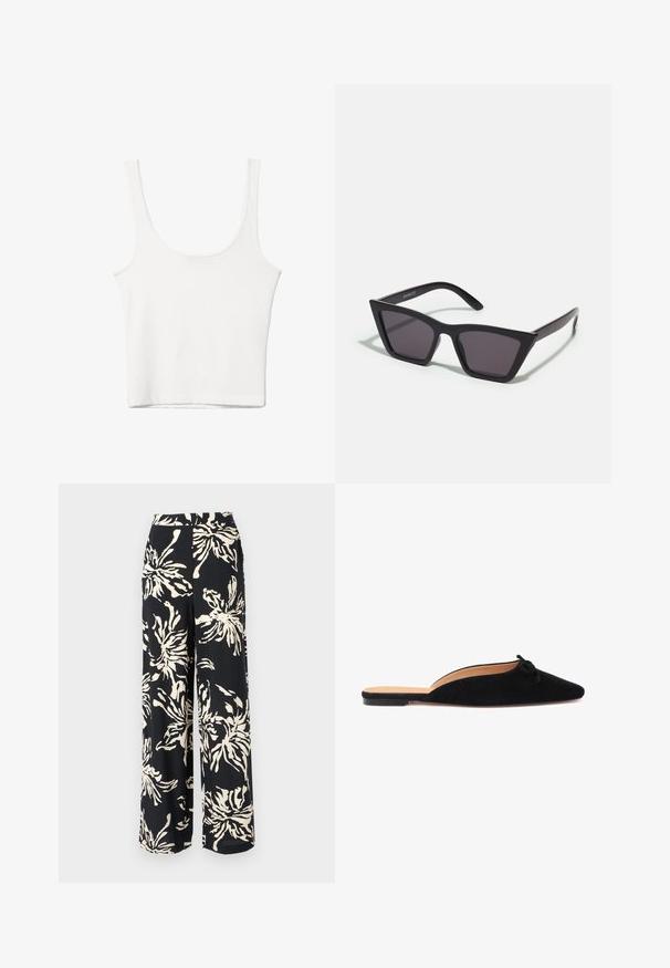 Bijela pamučna majica bez rukava s izrezom u obliku slova U, tijesnog kroja. Glatka tekstura, jednostavan dizajn i minimalni detalji šivanja.; Hlače širokih nogavica od crnog materijala s velikim kremastim cvjetnim uzorkom. Dizajn uključuje visoki struk i lepršavu siluetu.; Crne suede cipele bez pete s oblikovanim vrhom i malom ukrasnom mašnom na prednjem dijelu, s ravnim potplatom i otvorenim stražnjim dijelom.; Crne, uglaste sunčane naočale sa sivoj lećama; izrađene od plastike, imaju debele nogice s glatkom površinom i bez vidljivih metalnih dijelova.; Kvačkana torba u svijetlo bež boji, s teksturiranim uzorkom. Zlata lančana naramenica, sa dekorativnim zakovicama duž rubova za dodatne detalje.