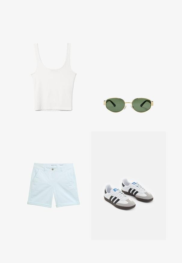 Biely bavlnený top bez rukávov s okrúhlym výstrihom a priliehavým strihom. Hladká textúra, jednoduchý dizajn a minimálne švy.; Svetlomodré chino šortky s rolovaným lemom, obsahujúce dve bočné vrecká a zapínanie na prednom gombíku. Vyrobené z priedušného materiálu.; Športové topánky s bielym koženým zvrškom, šedou semišovou špičkou a tromi čiernymi pruhmi. Obsahujú modré logo na jazyku a štruktúrovanú gumovú podrážku.; Slnko zlatohnedých kovových rámových okuliarov s zelenými tónovanými sklami, oválnym tvarom, čiernymi stranami a priehľadnými nosnými podložkami. Čistý, minimalistický dizajn.; Biely kožený zdravotný pás s zakriveným dizajnom, s klapkou na uzatvorenie a nastaviteľným popruhom s kovovým akcentom. Hladká textúra.