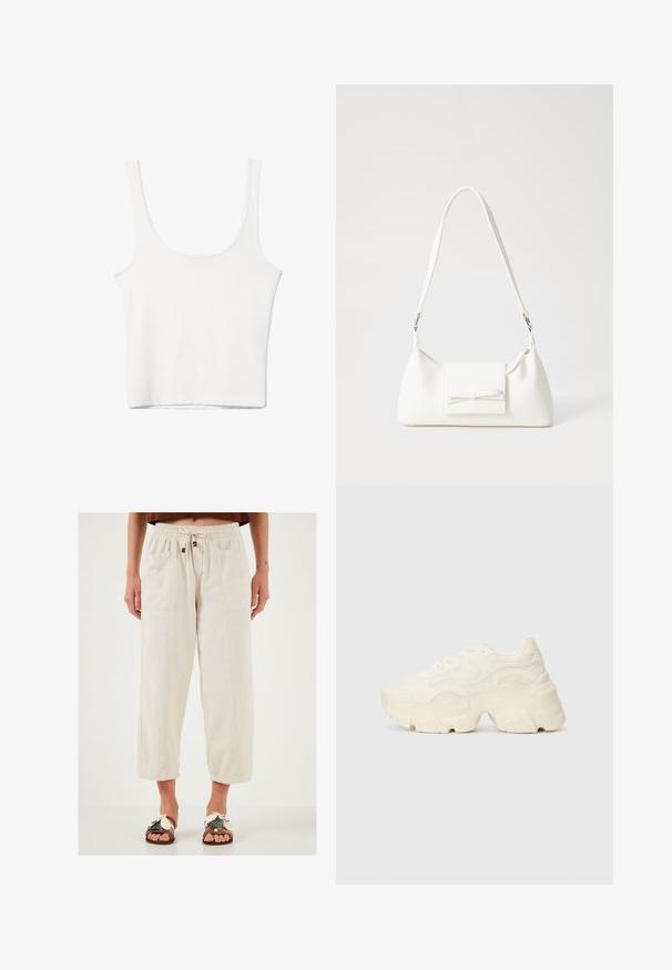 Top in cotone bianco senza maniche, con scollatura ampia e linea aderente. Tessuto liscio, design semplice e dettagli di cucitura minimi.; Pantaloni beige, leggeri, a gamba larga con cintura elastica, cordoncino e due tasche frontali. Tessuto testurizzato con vestibilità rilassata.; Sneakers bianchi chunky realizzati in mesh testurizzato e materiali sintetici, dotati di una suola spessa e dettagli con motivi intricati lungo i lati.; Borsa sintetica bianca a forma triangolare, con patta anteriore piatta e dettaglio a fiocco, tracolla regolabile, texture liscia e design minimalista.