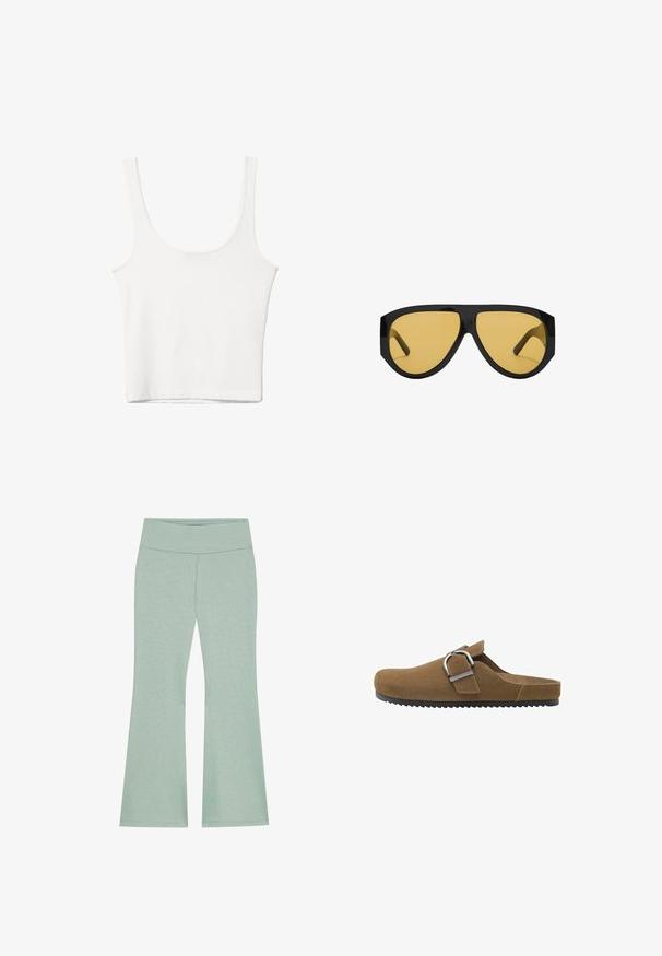 Débardeur en coton blanc avec un décolleté arrondi, sans manches et ajusté. Texture lisse, design uni et détails de couture minimaux.; Pantalons évasés vert clair avec une large ceinture, fabriqués en tissu doux et texturé. Présente un motif chiné subtil sur l'ensemble.; Sabot en daim marron avec une large sangle et une boucle en métal argenté, possédant une semelle texturée et un design à dos ouvert.; Lunettes de soleil avec une monture en plastique noir élégant et des verres teintés jaunes, dotées d'une forme angulaire distincte et de branches larges pour une meilleure protection.; Sac à main en cuir marron avec deux poignées robustes, de forme rectangulaire, texture lisse et fermeture zippée. Design minimaliste sans motifs visibles.