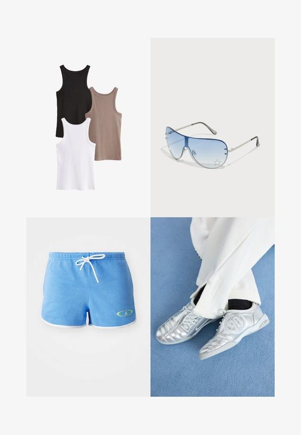 Drei Trägershirts in Schwarz, Weiß und Taupe. Jedes hat eine gerippte Struktur, einen runden Halsausschnitt und keine Verzierungen.; Hellblaue Baumwollshorts mit einem weißen Kordelzug, ausgestattet mit weißen Akzenten und einem grün akzentuierten Logo auf der unteren linken Seite.; Silberne Sportschuhe mit einer glatten, glänzenden Oberfläche, die ein genähtes Design und die Nummer 90 an der Seite aufweisen, kombiniert mit weißen Hosen.; Flugzeugbrille mit einem verlaufenden blauen Glase, silbernem Metallrahmen und dekorativen Sternelementen auf dem Glas. Glattes und elegantes Design.