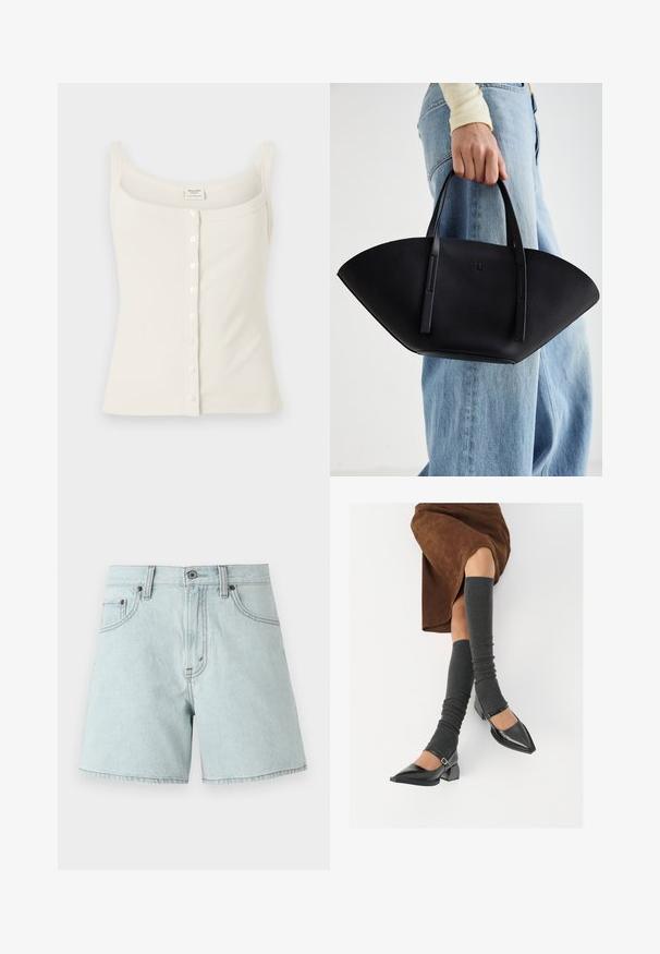 Krémový žebrovaný top na ramínka s nastavitelnými spaghetti ramínky, předním zapínáním na knoflíky a hladkým povrchem. Nálepka se nachází uvnitř.; Světlé modré džínové šortky s vysokým pasem, které mají dvě přední kapsy, zapínání na knoflík a detaily šití po stranách.; Černé lakované boty s špičatou špičkou, blokovým podpatkem a kotníkovým páskem, spárované s šedými žebrovanými návleky na nohy a hnědskou sukní z semiše.; Černá kožená kabelka s jedinečným tvarováním ve tvaru vějíře, vybavená plochými uchy. Povrch má jemně zrnitou texturu a minimalistický design.