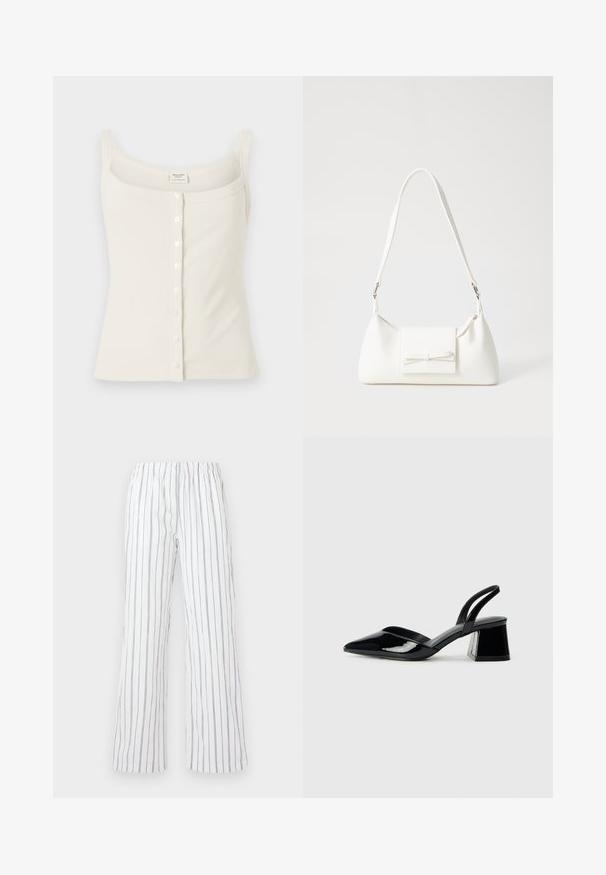 Cream-colored ribbed tank top with adjustable spaghetti straps, front button closure, and a smooth texture. Label is located inside.; White trousers with blue vertical stripes, made of lightweight fabric. Features an elastic waistband and wide, flared legs.; Black patent leather slingback heels with a pointed toe and a geometric block heel. Features a sleek, minimal design and smooth texture.; White synthetic handbag with a triangular shape, flat front flap and bow detail, adjustable strap, smooth texture, and minimalistic design.