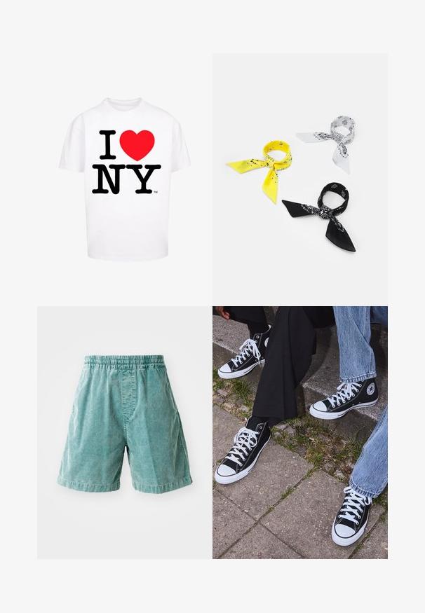 White cotton t-shirt with short sleeves featuring bold black text "I NY" and a red heart shape, standard crew neck design.; Turquoise corduroy shorts with an elastic waistband, featuring side pockets and a straight cut. Textured fabric with visible ridges.; Black high-top canvas sneakers with white rubber soles and laces, featuring a circular logo on the side and paired with denim and black pants.; Three bandanas: one yellow with black patterns, one white with black designs, and one black with white graphics. All are square, lightweight fabric.