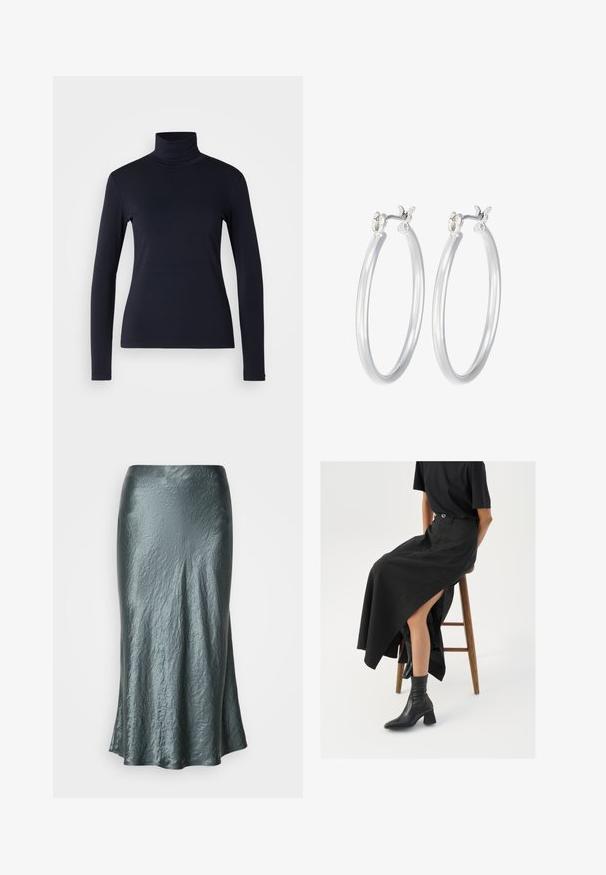 Marineblaue Rollkragenoberteil mit langen Ärmeln. Hergestellt aus weichem Stoff mit glatter Textur. Verfügt über ein enganliegendes Design und einen hohen Kragen ohne sichtbare Nähte.; Metallic türkisfarbene Midirock mit einer geriffelten Textur, ausgeprägter Form und glatter Oberfläche. Keine sichtbaren Verschlüsse oder Verzierungen.; Schwarzer Leinen-Maxi-Rock mit hohem Schlitz, getragen mit einem schwarzen T-Shirt und schwarzen Knöchelstiefeln. Minimalistisches Design mit lockerer Passform.; Silberne Creolen mit einer glatten, polierten Oberfläche. Runder Form und sicherem Klickverschluss. Leichtes Design, geeignet für den täglichen Gebrauch.