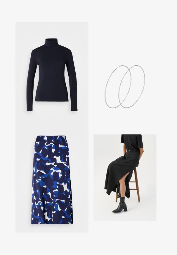 Námořnický rolák s dlouhým rukávem. Vyrobeno z měkkého materiálu s hladkou texturou. Má přiléhavý střih a vysoký límec bez viditelných švů.; Sukně do délky kolen vyrobená z hladkého materiálu s námořnickou základnou, na které se nacházejí výrazné modré a bílé abstraktní tvary a vzory.; Černá maxi sukně z lnu s vysokým rozparkem, nošená s černým tričkem a černými kotníkovými botami. Minimalistický design s volným střihem.; Stříbrné kruhové náušnice s minimalistickým designem. Kruh, hladký povrch a tenký profil. Lehká konstrukce s lesklým povrchem.