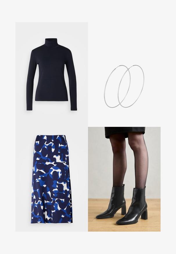 Laivastonsininen kauluri pitkähihaisena puserona. Valmistettu pehmeästä kankaasta, jossa on tasainen pinta. Ominaisuuksiin kuuluu muotoiltu malli ja korkea kaulus ilman näkyviä saumoja.; Hame pitkä, joka ulottuu polveen, valmistettu sileästä kankaasta ja jossa on tummansininen pohja, jossa on rohkeita sinisiä ja valkoisia abstrakteja muotoja ja kuvioita.; Mustat nahkasaappaat nilkkamittaisella varrella, terävässä kärjessä, paksussa neliömassassa ja tyylikkäässä muotoilussa. Varustettu joustavilla sivupaneeleilla, jotka helpottavat pukemista.; Hopehope hopeilla, joissa on minimalistinen muotoilu. Pyöreä muoto, sileä pinta ja ohut profiili. Kevyet ja kiillotetut.