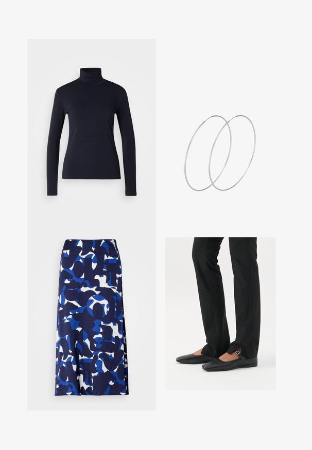 Navy turtleneck long-sleeve top. Made from soft fabric with a smooth texture. Features a fitted design and high collar without visible seams.; A knee-length skirt made of smooth fabric featuring a navy base with bold blue and white abstract shapes and patterns throughout.; Black leather ballet flats with a pointed toe, strap with silver buckle, paired with black tailored pants featuring a slit hem.; Silver hoop earrings with a minimalist design. Circular shape, smooth texture, and thin profile. Lightweight with a polished finish.