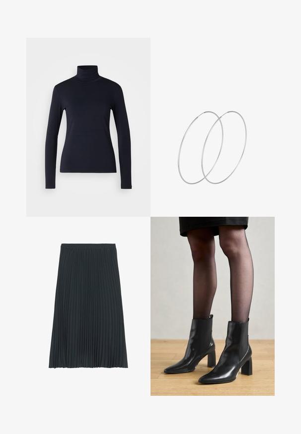 Top de cuello alto de manga larga en color azul marino. Fabricado con una tela suave y de textura lisa. Presenta un diseño ajustado y un cuello alto sin costuras visibles.; Falda midi plisada en gris oscuro con cinturilla elástica. Presenta plisados verticales a lo largo para aportar textura y fluidez. Acabado de tela suave.; Botines de cuero negro hasta el tobillo con punta afilada, tacón cuadrado grueso y diseño elegante. Presentan paneles laterales elásticos para facilitar el uso.; Pendientes de aro plateados con un diseño minimalista. Forma circular, textura suave y perfil delgado. Livianos con un acabado pulido.