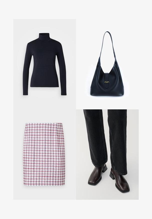 Granatowy golf z długim rękawem. Wykonany z miękkiego materiału o gładkiej fakturze. Charakteryzuje się dopasowanym fasonem oraz wysokim kołnierzem bez widocznych szwów.; W Plecioną spódnicę w czerwono-biało-niebieski kratka, o prostym kroju i gładkiej fakturze, z wysokością w talii na poziomie średnim.; Brązowe skórzane botki za kostkę z kwadratowym noskiem i słupkowym obcasem, zestawione z czarnymi spodniami o szerokich nogawkach. Gładka tekstura i minimalistyczny design.; Czarna skórzana torebka o miękkim, luźnym fasonie. Posiada płaską rączkę oraz centralne zapięcie zdobione złotym akcentem.