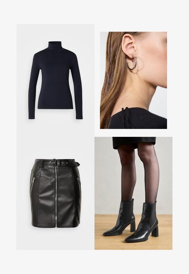 Marineblaue Rollkragenoberteil mit langen Ärmeln. Hergestellt aus weichem Stoff mit glatter Textur. Verfügt über ein enganliegendes Design und einen hohen Kragen ohne sichtbare Nähte.; Schwarzer Leder-Minirock mit tailliertem Design, ausgestattet mit einem Frontreißverschluss, zwei seitlichen Taschen und einem Gürtel mit Schnalle. Glatte Textur.; Schwarze Leder-Ankle-Boots mit spitzer Zehenform, klobigem quadratischem Absatz und schlankem Design. Verfügt über elastische seitliche Einsätze für leichtes An- und Ausziehen.; Silberne Creolen mit polierter Oberfläche, die kleine goldene Akzentdetails und eine runde Form aufweisen, am Ohrläppchen getragen.