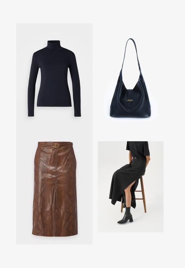 Jūras flotes turtlenecks ar gariem piedurknēm. Izgatavots no mīksta auduma ar gludu tekstūru. Iezīmēts ar pieguļošu dizainu un augstu apkakli bez redzamām šuvēm.; Brūna mākslīgās ādas zīmuļu svārku ar čūsku rakstu, akcentēti ar zelta ovālu sprādzi un pieguļošu siluetu. Gluda tekstūra un ceļa garums.; Melna lina maxi svārki ar augstu šķēlumu, valkāti ar melnu T-kreklu un melniem potīšu zābakiem. Minimālistisks dizains ar brīvu piegriezumu.; Melnas ādas rokassomi ar mīkstu, brīvu dizainu. Iezīmēta ar plakanu siksnu un centrālu aizdari, kas dekorēta ar zelta akcentu.