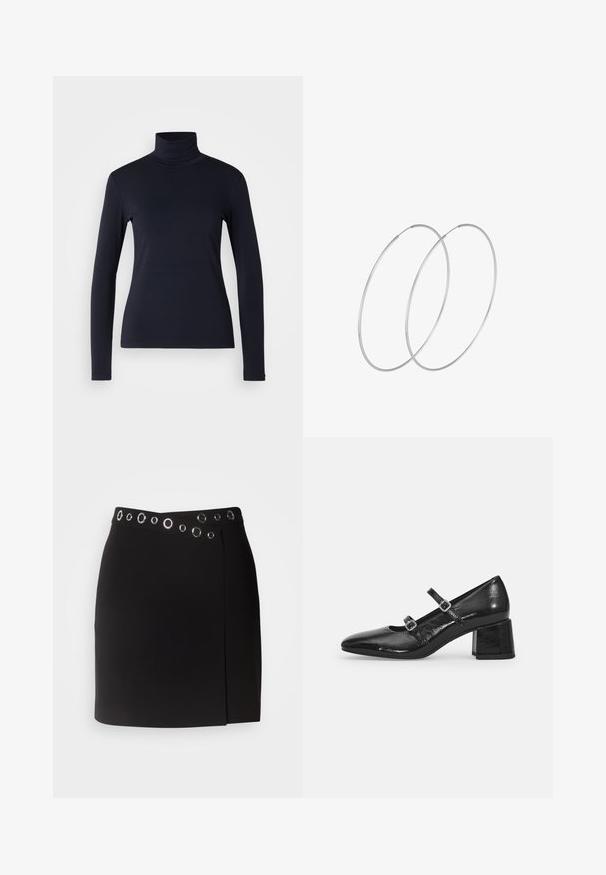 Jūrinis turtlenckas ilgomis rankovėmis. Pagamintas iš minkštos medžiagos su lygiu paviršiumi. Turi prigludusį dizainą ir aukštą apykaklę be matomų siūlių.; Morgan JILLY - Susiaučiamas sijonas - noir; Juodos lakinės Mary Jane bateliai su smailu smailiu, dviem reguliuojamais dirželiais ir storu blokuota kulnu. Lygus paviršius ir blizgus apdaila.; Sidabrinės pusmėnulio auskarai minimalistiniu dizainu. Apskritimo forma, lygus paviršius ir plonas profilis. Lengvi su poliruotu apdailu.