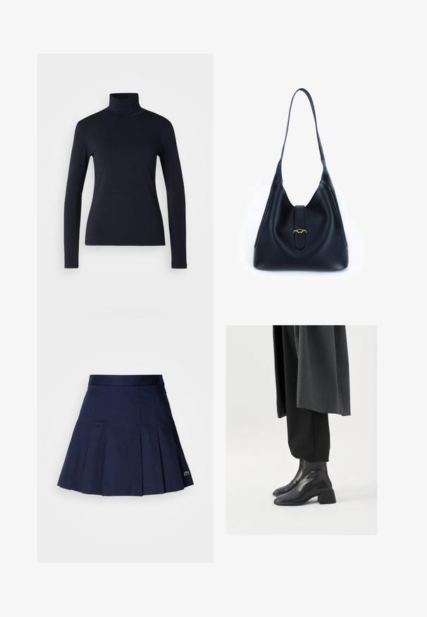 Mörkblå polotröja med lång ärm. Tillverkad av mjukt tyg med en slät yta. Har en figursydd design och hög krage utan synliga sömmar.; Marinblå plisserad kjol med en tajt midja, tillverkad av ett slätt tyg. Har en liten Lacoste-logga vid fållen.; Svarta läderankelboots med fyrkantig tå och kraftig klack, bärs med lösa svarta byxor och en mörkgrå kappa. Slät yta.; Svart läderhandväska med en mjuk och avslappnad design. Har ett platt handtag och en central stängning prydd med ett guldackcent.