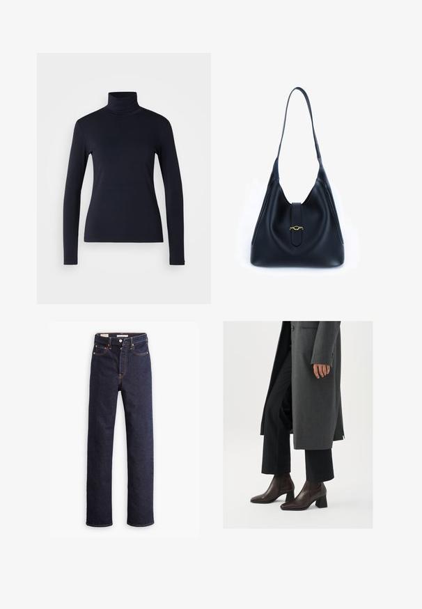 Sötétkék garbó, hosszúujjú felső. Puha anyagból készült, sima tapintással. Testhez simuló kialakítással és láthatatlan varrás nélküli magas gallérral rendelkezik.; Sötétkék, egyenes szabású farmernadrág, öt zsebbel és látható narancssárga varrással, fehér háttérrel.; Magassarkú bokacsizma sötétbarna bőrből, hegyes orral és tömbsarkúval, fekete nadrággal és szürke kabáttal párosítva.; Fekete bőr kézitáska, puha, laza dizájnnal. Lapított pánttal és középső záródással rendelkezik, amelyet arany díszít.