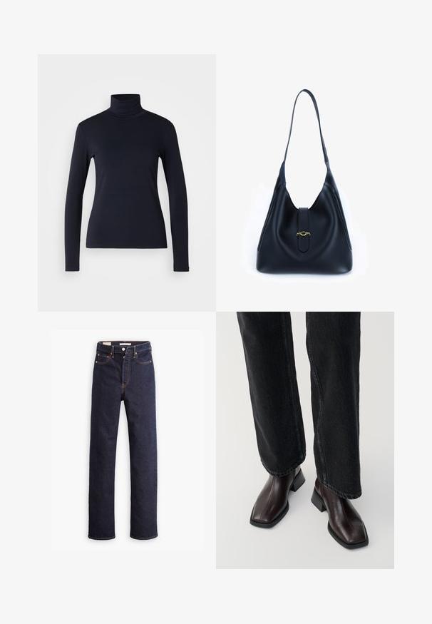 Jūras flotes turtlenecks ar gariem piedurknēm. Izgatavots no mīksta auduma ar gludu tekstūru. Iezīmēts ar pieguļošu dizainu un augstu apkakli bez redzamām šuvēm.; Tumši zilie taisni džinsi ar piecām kabatām un redzamu oranžu šuvumu uz baltas fona.; Brūni ādas potītes zābaki ar kvadrātveida purngalu un blokveida papēdi, kombinēti ar melnajiem platajiem džinsiem. Gluda tekstūra un minimālistisks dizains.; Melnas ādas rokassomi ar mīkstu, brīvu dizainu. Iezīmēta ar plakanu siksnu un centrālu aizdari, kas dekorēta ar zelta akcentu.