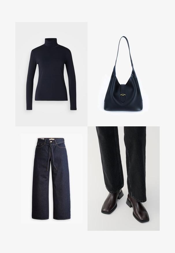 Tricou cu guler haină în navy, cu mânecă lungă. Fabricat dintr-un material moale, cu o textură netedă. Prezintă un design ajustat și un guler înalt fără cusături vizibile.; Blugi din denim cu talie înaltă, de culoare albastru închis, cu picior larg, dotati cu şnur pentru ajustare, cinci buzunare şi detalii de cusătură în contrast.; Botine din piele maro, cu bot pătrat și toc bloc, asociate cu blugi negri cu croi larg. Textură netedă și design minimalist.; Geantă din piele neagră cu un design moale și lejer. Dispune de o curea plată și de un închizător central decorat cu un accent auriu.