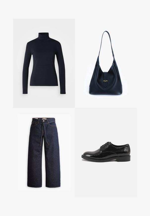 Námořnický rolák s dlouhým rukávem. Vyrobeno z měkkého materiálu s hladkou texturou. Má přiléhavý střih a vysoký límec bez viditelných švů.; Široké tmavě modré džíny se zvýšeným pasem, opatřené stahovací šňůrou, pěti kapsami a kontrastním prošíváním.; Černé kožené společenské boty s lesklým povrchem, kulatou špičkou a šněrovacím designem. Mají nízký klín a jemné prošití.; Černá kožená kabelka s měkkým, sklopeným designem. Obsahuje plochý popruh a centrální uzávěr zdobený zlatým akcentem.