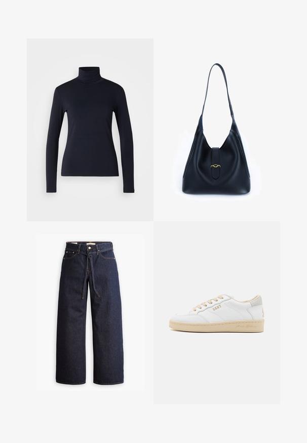 Sötétkék garbó, hosszúujjú felső. Puha anyagból készült, sima tapintással. Testhez simuló kialakítással és láthatatlan varrás nélküli magas gallérral rendelkezik.; Széles lábú, sötétkék farmernadrág magas derékkal, húzózsinórral, öt zsebbel és kontrasztos varrással.; Fehér bőr tornacipők bézs díszítéssel, lekerekített formával és mintázott gumitalppal. A "GANT" logó és öt fűzőlyuk található rajtuk.; Fekete bőr kézitáska, puha, laza dizájnnal. Lapított pánttal és középső záródással rendelkezik, amelyet arany díszít.