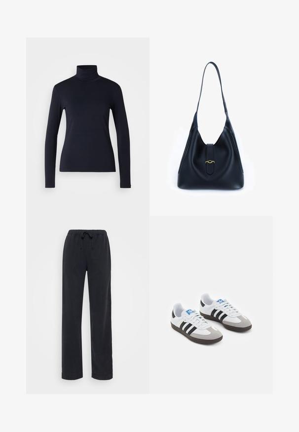 Mornarski džemper s rol kragnom i dugim rukavima. Napravljen od mekog materijala s glatkom teksturom. Ima uski kroj i visoku kragnu bez vidljivih šavova.; Crne, široke pamučne hlače s elastičnom trakom u struku i podešavanjem uzicom. Ravne nogavice bez vidljivih džepova ili ukrasa.; Sportske cipele s gornjištem od bijele kože, sivi suedinasti nos i tri crne pruge. Imaju plavi logo na jeziku i teksturiranu gumenu podlogu.; Crna kožna torba s mekim, opuštenim dizajnom. Ima ravnu naramenicu i središnje zatvaranje ukrašeno zlatnim detaljem.