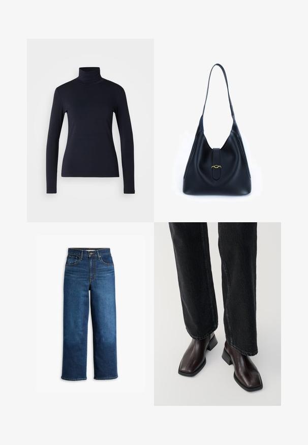 Top de cuello alto de manga larga en color azul marino. Fabricado con una tela suave y de textura lisa. Presenta un diseño ajustado y un cuello alto sin costuras visibles.; Jeans de mezclilla azul de pierna ancha de cintura alta con cinco bolsillos, costuras en contraste y un acabado de dobladillo limpio. El material es resistente con un lavado ligeramente desgastado.; Botas de cuero marrón hasta el tobillo con punta cuadrada y tacón bloque, combinadas con vaqueros negros de pierna ancha. Textura suave y diseño minimalista.; Bolso de mano de cuero negro con un diseño suave y flexible. Presenta una correa plana y un cierre central adornado con un acento dorado.