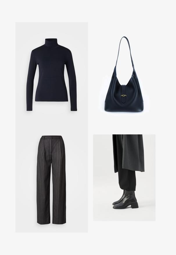Top de cuello alto de manga larga en color azul marino. Fabricado con una tela suave y de textura lisa. Presenta un diseño ajustado y un cuello alto sin costuras visibles.; Pantalones a rayas negros con un diseño de pierna ancha, con pliegues en la parte delantera y una textura suave. Presenta una cinturilla y no tiene bolsillos visibles.; Botas de cuero negro hasta el tobillo con punta cuadrada y tacón grueso, combinadas con pantalones negros holgados y un abrigo gris oscuro. Textura de superficie suave.; Bolso de mano de cuero negro con un diseño suave y flexible. Presenta una correa plana y un cierre central adornado con un acento dorado.; Collar de perlas blancas con una textura suave, que presenta un cierre de plata grabado con la palabra "HUGO". Perlas de tamaño uniforme en un diseño clásico.