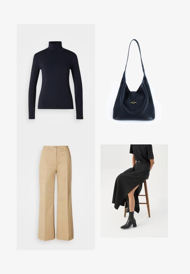 Navy turtleneck long-sleeve top. Made from soft fabric with a smooth texture. Features a fitted design and high collar without visible seams.; Beige wide-leg trousers made from cotton blend fabric. Features a button closure, front seam details, and a clean hem with slight texture.; Black linen maxi skirt with a high slit, worn with a black t-shirt and black ankle boots. Minimalistic design with a relaxed fit.; Black leather handbag with a soft, slouchy design. Features a flat strap and a central closure adorned with a gold accent.