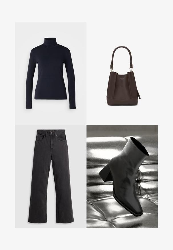 Sötétkék garbó, hosszúujjú felső. Puha anyagból készült, sima tapintással. Testhez simuló kialakítással és láthatatlan varrás nélküli magas gallérral rendelkezik.; Fekete farmer széles lábacskájú nadrág magas derékkal, öt zsebbel és fémből készült gombos záródással. Az anyag sima, enyhén fakó textúrájú.; Fekete bokacsizma fényes anyagból, négyzetes orral és szűkített sarkú, egy csillogó ezüst kárpitozott háttér előtt.; Carlheim ADALINE - Kézitáska - brown