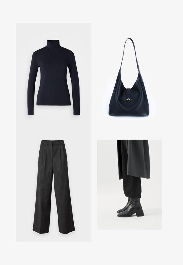 Jūras flotes turtlenecks ar gariem piedurknēm. Izgatavots no mīksta auduma ar gludu tekstūru. Iezīmēts ar pieguļošu dizainu un augstu apkakli bez redzamām šuvēm.; Tumši pelēki, augsto jostasvietu plaša kāju bikses ar tām plānām vertikālām svītrām. Iezīmēta ar šūtu izskatu un mīkstu tekstūru. Ar krokotu priekšpusi.; Melnas ādas potīšu zābaki ar kvadrātu purngalu un masīnu papēdi, valkāti ar brīvām melnām biksēm un tumši pelēku mēteli. Gluda virsmas tekstūra.; Melnas ādas rokassomi ar mīkstu, brīvu dizainu. Iezīmēta ar plakanu siksnu un centrālu aizdari, kas dekorēta ar zelta akcentu.