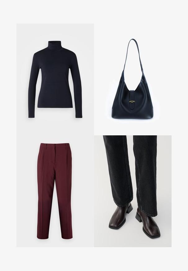 Granatowy golf z długim rękawem. Wykonany z miękkiego materiału o gładkiej fakturze. Charakteryzuje się dopasowanym fasonem oraz wysokim kołnierzem bez widocznych szwów.; Bruuns Bazaar CINDYSUS DAGNY bordowy; Brązowe skórzane botki za kostkę z kwadratowym noskiem i słupkowym obcasem, zestawione z czarnymi spodniami o szerokich nogawkach. Gładka tekstura i minimalistyczny design.; Czarna skórzana torebka o miękkim, luźnym fasonie. Posiada płaską rączkę oraz centralne zapięcie zdobione złotym akcentem.