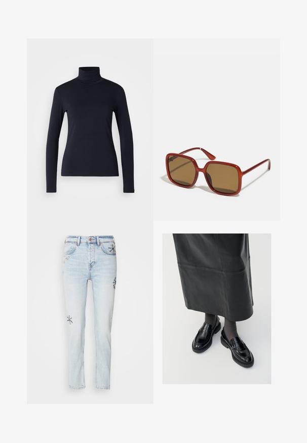 Laivastonsininen kauluri pitkähihaisena puserona. Valmistettu pehmeästä kankaasta, jossa on tasainen pinta. Ominaisuuksiin kuuluu muotoiltu malli ja korkea kaulus ilman näkyviä saumoja.; Vaaleansiniset farkut suoran mitoituksen kanssa, joissa on koristeellinen kukkaembroidointi tummemmalla sinisellä ja keltaisella lahkeissa. Klassinen viiden taskun muotoilu.; Musta nahka loaferit sileällä pinnalla, jossa on koristeellinen hihna, pyöreä kärki ja teksturoitu pohja. Yhdistetty pitkän mustan nahkahameen kanssa.; Punaiset neliönmuotoiset aurinkolasit ruskeilla sävytettyillä linsseillä. Paksut, kiiltävät kehykset ja ohuet varret, joissa on pieniä yksityiskohtia sivuilla visuaalisen mielenkiinnon lisäämiseksi.; Hope-silver rengas, joissa on sileä ja kiillotettu pinta. Pyöreä muoto ja turvallinen napsautettava lukitus. Kevyt muotoilu sopii päivittäiseen käyttöön.