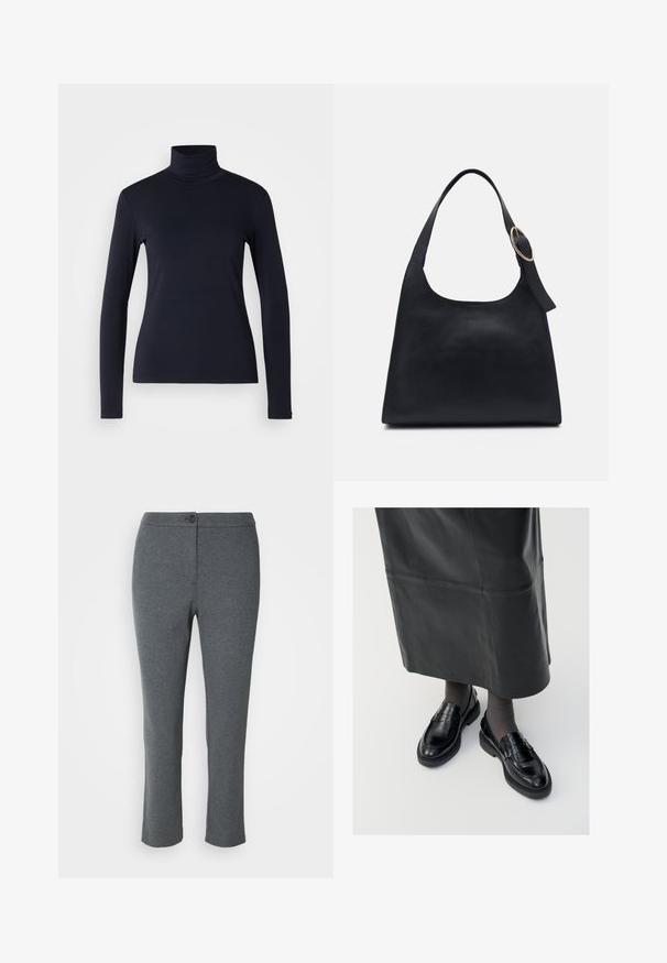 Mornarski džemper s rol kragnom i dugim rukavima. Napravljen od mekog materijala s glatkom teksturom. Ima uski kroj i visoku kragnu bez vidljivih šavova.; Sive hlače od mekanog materijala, s kopčanjem na dugme, ravnim krojem i glatkom teksturom. Bez džepova ili vidljivih uzoraka.; Crne kožne mokasine s glatkom završnom obradom, s dekorativnom trakicom, okruglim vrhom i teksturiranom potplatom. Nosi se s dugom crnom kožnom suknjom.; Crna kožna torba za nošenje s glatkom teksturom, zaobljenim oblikom i jednim remenom za rame koji ima okrugli zlatni ukras.