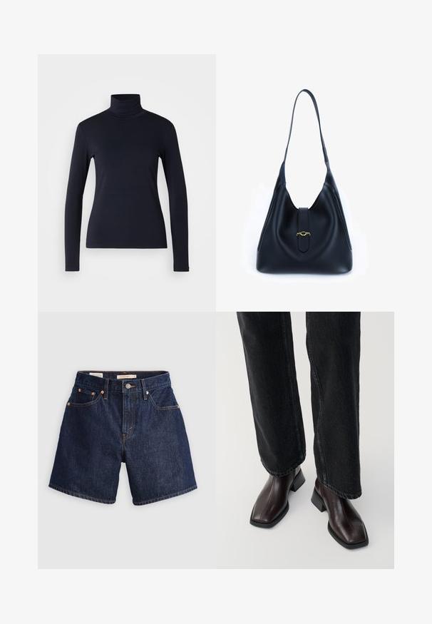 Sötétkék garbó, hosszúujjú felső. Puha anyagból készült, sima tapintással. Testhez simuló kialakítással és láthatatlan varrás nélküli magas gallérral rendelkezik.; Sötétkék árnyalatú farmer sort, öt zsebes kialakítással, gombos záródással és kontrasztos narancssárga varrási részletekkel.; Barna bőr boka csizma négyzet alakú orral és tömbsarkal, fekete, bő szárú farmerral párosítva. Simább textúra és minimalista dizájn.; Fekete bőr kézitáska, puha, laza dizájnnal. Lapított pánttal és középső záródással rendelkezik, amelyet arany díszít.