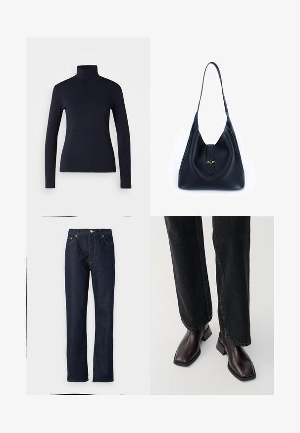 Laivastonsininen kauluri pitkähihaisena puserona. Valmistettu pehmeästä kankaasta, jossa on tasainen pinta. Ominaisuuksiin kuuluu muotoiltu malli ja korkea kaulus ilman näkyviä saumoja.; Tummansiniset farkut suorahkolla leikkauksella, joissa on nappi- ja vetoketjukiinnitys, viiden taskun muotoilu ja kontrastiväriset ompeleet.; Ruske nahke čevlje do gležnjev s kvadratnim nosom in blok peto, v kombinaciji s črnimi širokimi hlačami. Gladka tekstura in minimalističen dizajn.; Mustat nahkakahvilaukku, jossa on pehmeä ja rento muotoilu. Varustettu litteällä hihnalla ja keskikohdan sulkemisella, jossa on kultainen yksityiskohta.