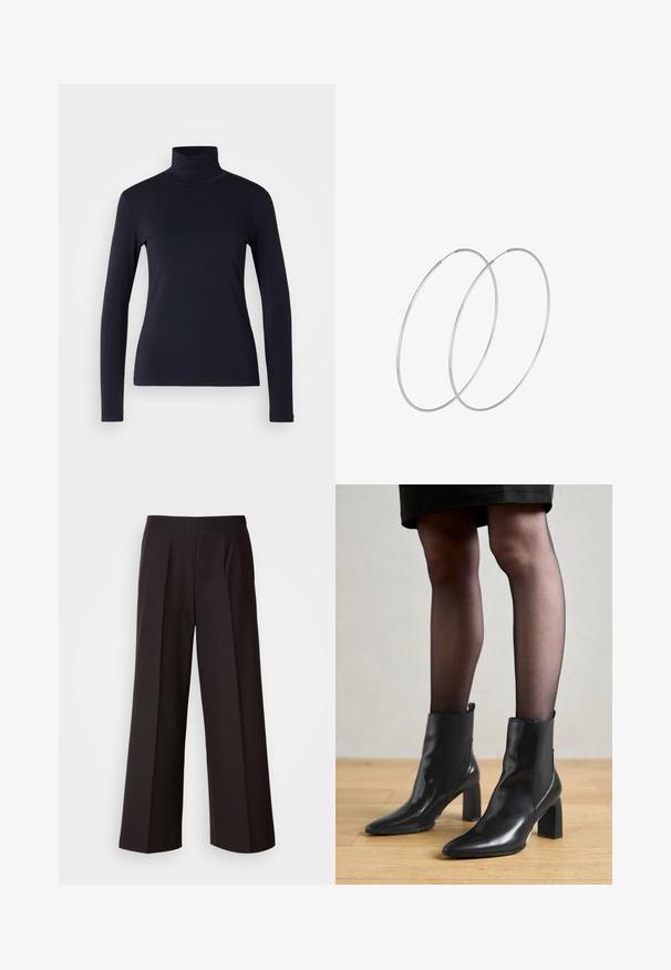 Námořnický rolák s dlouhým rukávem. Vyrobeno z měkkého materiálu s hladkou texturou. Má přiléhavý střih a vysoký límec bez viditelných švů.; Černé kalhoty širokého střihu s plochým předním dílem, skládaním a hladkým povrchem. Mají vysoký pas a přiléhavý střih pro strukturovaný vzhled.; Černé kožené kotníkové boty s špičatou špičkou, robustním čtvercovým podpatkem a elegantním designem. Obsahují elastické boční panely pro snadné obouvání.; Stříbrné kruhové náušnice s minimalistickým designem. Kruh, hladký povrch a tenký profil. Lehká konstrukce s lesklým povrchem.