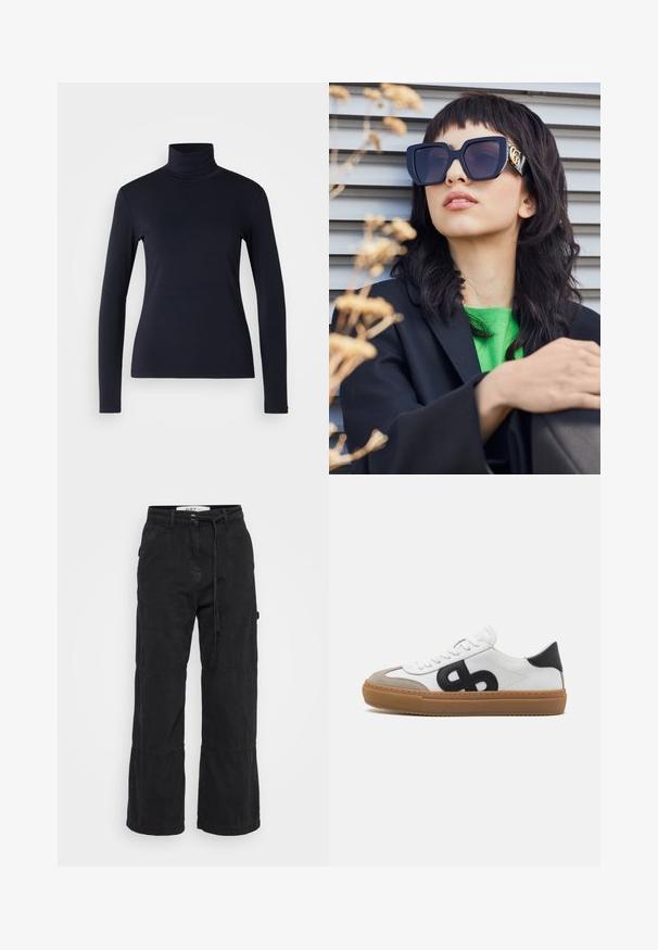 Granatowy golf z długim rękawem. Wykonany z miękkiego materiału o gładkiej fakturze. Charakteryzuje się dopasowanym fasonem oraz wysokim kołnierzem bez widocznych szwów.; Czarne spodnie o szerokich nogawkach wykonane z bawełny z teksturowanym wykończeniem. Posiadają zapięcie w pasie oraz przeszycia na kolanach dla dodatkowego akcentu.; Białe skórzane sneakersy z czarnym logo, zamszowymi akcentami i gumową podeszwą. Wyposażone w płaskie białe sznurowadła i zaokrąglony przód.; Przesadnie duże czarne okulary przeciwsłoneczne z grubą oprawką i złotym akcentem, noszone z czarną marynarką i jasnoróżową koszulą, na poziomym tle.; Srebrne kolczyki w formie kółek o gładkim, polerowanym wykończeniu. O okrągłym kształcie i pewnym zapięciu na klik. Lekka konstrukcja odpowiednia do codziennego noszenia.