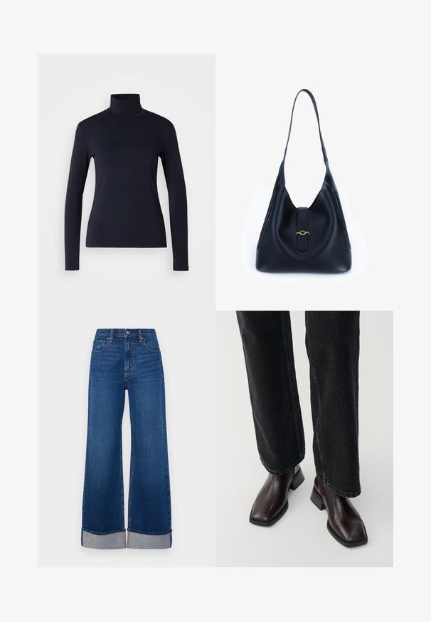 Jūras flotes turtlenecks ar gariem piedurknēm. Izgatavots no mīksta auduma ar gludu tekstūru. Iezīmēts ar pieguļošu dizainu un augstu apkakli bez redzamām šuvēm.; Abercrombie & Fitch HEM 90S  RELAXED  - Brīva piegriezuma džinsi - dark blue denim; Brūni ādas potītes zābaki ar kvadrātveida purngalu un blokveida papēdi, kombinēti ar melnajiem platajiem džinsiem. Gluda tekstūra un minimālistisks dizains.; Melnas ādas rokassomi ar mīkstu, brīvu dizainu. Iezīmēta ar plakanu siksnu un centrālu aizdari, kas dekorēta ar zelta akcentu.