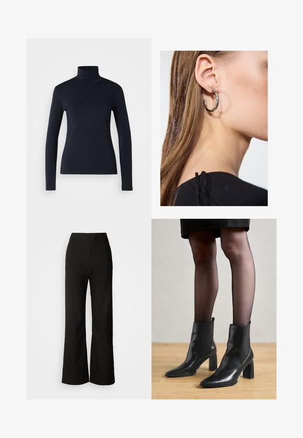 Marineblauwe coltrui met lange mouwen. Gemaakt van zachte stof met een gladde textuur. Heeft een aansluitend ontwerp en een hoge kraag zonder zichtbare naden.; Zwarte wijde broek met een gladde textuur, hoge taille en een strakke uitstraling. Geen zichtbare zakken of versieringen.; Zwarte leren enkellaarsjes met een spitse neus, stevige vierkante hak en een fraaie uitstraling. Beschikt over elastische zijpanelen voor gemakkelijke aan- en uittrekken.; Zilveren oorbel met een gepolijste afwerking, met kleine gouden accentdetails en een ronde vorm, gedragen op de oorlel.