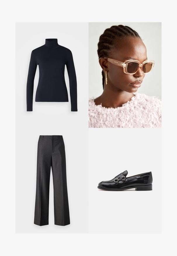 Sötétkék garbó, hosszúujjú felső. Puha anyagból készült, sima tapintással. Testhez simuló kialakítással és láthatatlan varrás nélküli magas gallérral rendelkezik.; Copenhagen Muse TAILOR - Nadrágok - black medium grey; Fekete patent bőr fűző nélküli cipő dupla ezüst csattal, enyhén kerek orral és alacsony, rétegelt sarokkal. A felső rész körüli texturált varrási részletek.; Beige, oversized napszemüveg átlátszó kerettel és barna árnyékolt lencsékkel, diszkrét virágos díszítéssel és merész, geometrikus formával.