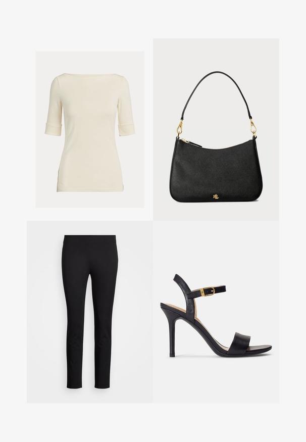 Krämfärgad topp med korta ärmar och båtringning, tillverkad av mjukt tyg. Har uppvikta ärmslut och en figurnära passform.; Svarta leggings i elastiskt material, med en smal passform och slät textur utan synliga mönster eller detaljer.; Svarta högklackade sandaler med en slät läderöverdel, öppen tå och en design med en enda rem med en guldbåge som accent.; Svart läderhandväska med en strukturerad design, som har dragkedjestängning, avtagbar rem och detaljer i guld.; Orrhängen i guldton med en knutdesign. Varje örhänge har en cirkulär klar baksida för säker användning.